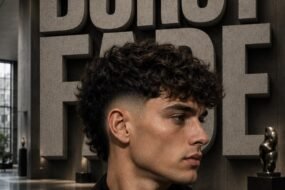 Man with burst fade curly hair featuring defined natural curls and a clean mid burst fade around the ears.