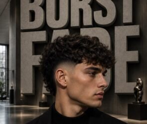 Man with burst fade curly hair featuring defined natural curls and a clean mid burst fade around the ears.