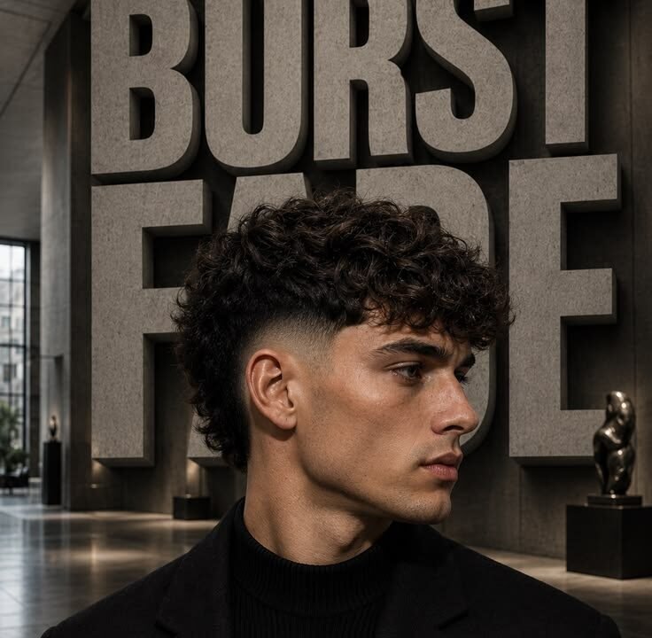 Man with burst fade curly hair featuring defined natural curls and a clean mid burst fade around the ears.