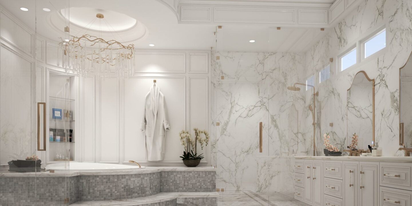 Elegant luxury bathroom design featuring a freestanding bathtub, marble walls, walk-in glass shower, double vanity, and warm ambient lighting.