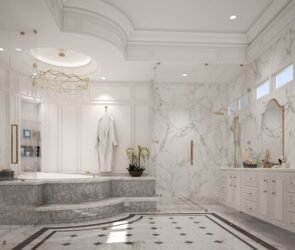 Elegant luxury bathroom design featuring a freestanding bathtub, marble walls, walk-in glass shower, double vanity, and warm ambient lighting.