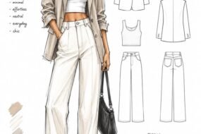 Fashion designer creating a style sketch of a modern clothing outfit in a sketchbook with pencils and design tools.
