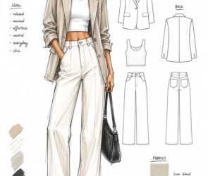 Fashion designer creating a style sketch of a modern clothing outfit in a sketchbook with pencils and design tools.