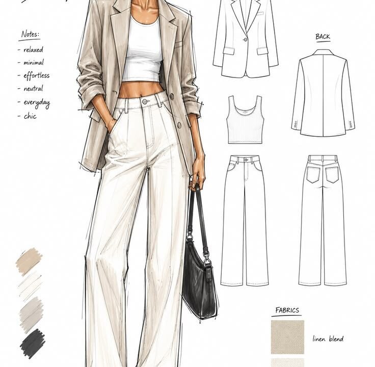 Fashion designer creating a style sketch of a modern clothing outfit in a sketchbook with pencils and design tools.