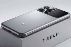 Concept illustration of the rumored Tesla Pi Phone beside a Tesla vehicle showing possible smartphone features and futuristic design.