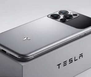 Concept illustration of the rumored Tesla Pi Phone beside a Tesla vehicle showing possible smartphone features and futuristic design.