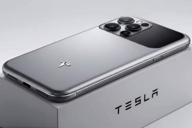 Concept illustration of the rumored Tesla Pi Phone beside a Tesla vehicle showing possible smartphone features and futuristic design.