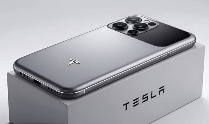 Concept illustration of the rumored Tesla Pi Phone beside a Tesla vehicle showing possible smartphone features and futuristic design.
