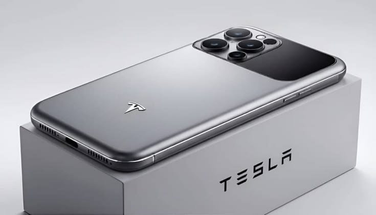 Concept illustration of the rumored Tesla Pi Phone beside a Tesla vehicle showing possible smartphone features and futuristic design.