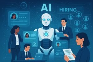 Recruiter using AI recruiting tools GoPerfect to screen resumes and manage candidates through an automated hiring dashboard.