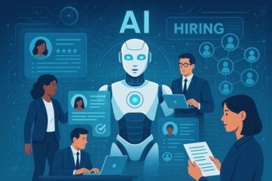 Recruiter using AI recruiting tools GoPerfect to screen resumes and manage candidates through an automated hiring dashboard.