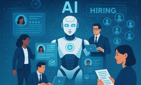 Recruiter using AI recruiting tools GoPerfect to screen resumes and manage candidates through an automated hiring dashboard.