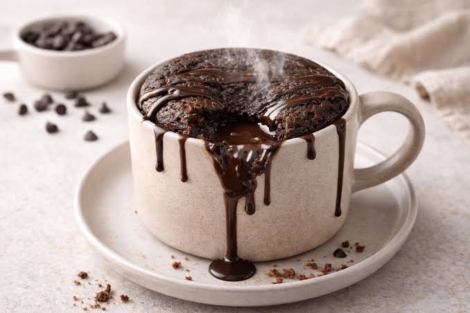 Freshly made chocolate lava mug cake with a warm molten chocolate center, topped with vanilla ice cream and chocolate shavings.
