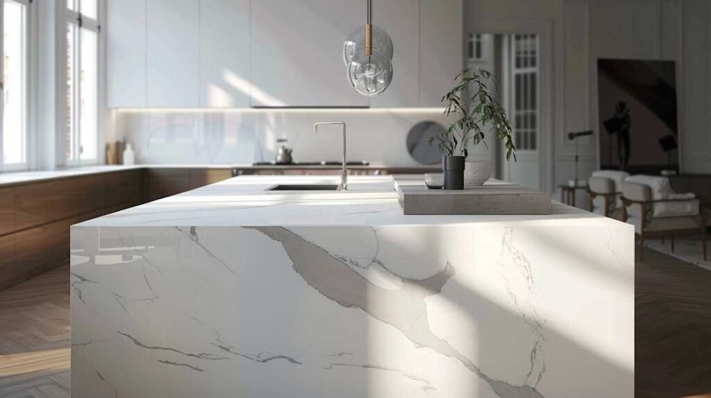 Bathroom vanity showing a cultured marble countertop with examples of scratches and surface wear to illustrate the disadvantages of cultured marble