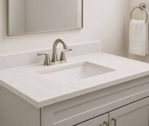 Bathroom vanity showing a cultured marble countertop with examples of scratches and surface wear to illustrate the disadvantages of cultured marble