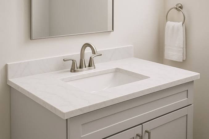 Bathroom vanity showing a cultured marble countertop with examples of scratches and surface wear to illustrate the disadvantages of cultured marble