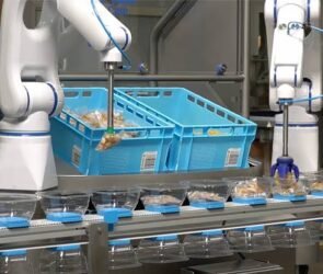 Smart food processing facility using automated robots, conveyor systems, IoT sensors, and digital dashboards to optimize the foodtech automation supply chain.