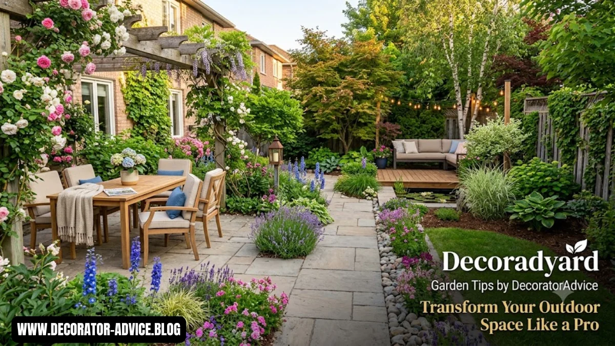 Beautiful backyard inspired by from decoratoradvice decoration ideas decoradyard featuring outdoor seating, garden plants, string lights, and decorative planters.
