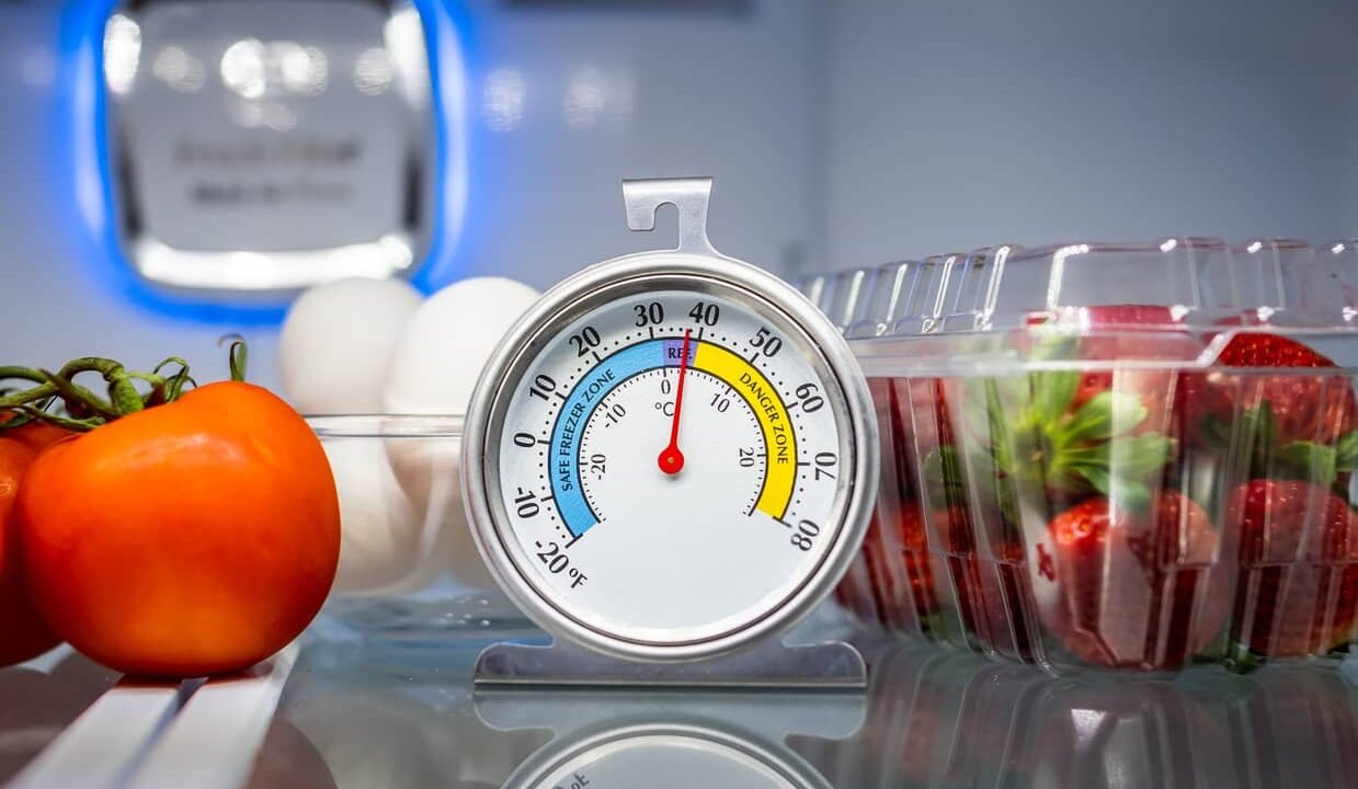 New stainless steel refrigerator cooling after installation with a thermometer showing a safe internal temperature.