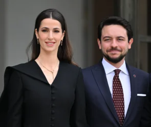 Princess Rajwa Al Hussein attending an official royal engagement in Jordan alongside Crown Prince Hussein bin Abdullah II.