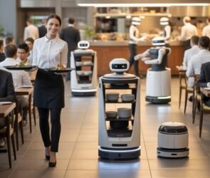 Restaurant staff using modern POS technology and digital ordering systems in a contemporary restaurant kitchen.