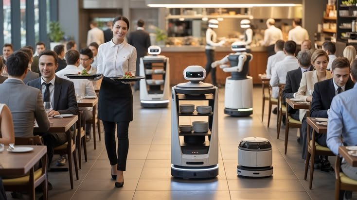 Restaurant staff using modern POS technology and digital ordering systems in a contemporary restaurant kitchen.