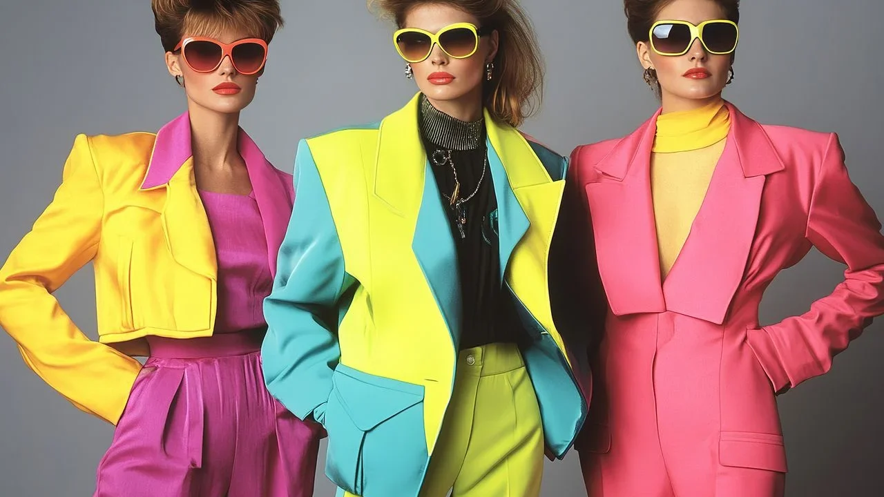 1980s fashion with shoulder pads and bold colors