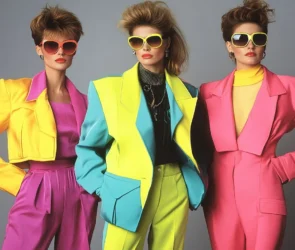 1980s fashion with shoulder pads and bold colors