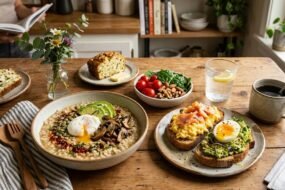 non-sweet breakfast ideas with eggs, avocado toast, and vegetables