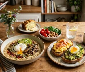 non-sweet breakfast ideas with eggs, avocado toast, and vegetables