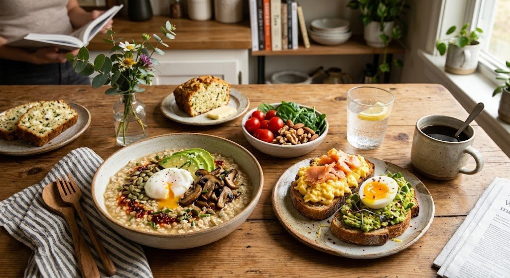 non-sweet breakfast ideas with eggs, avocado toast, and vegetables