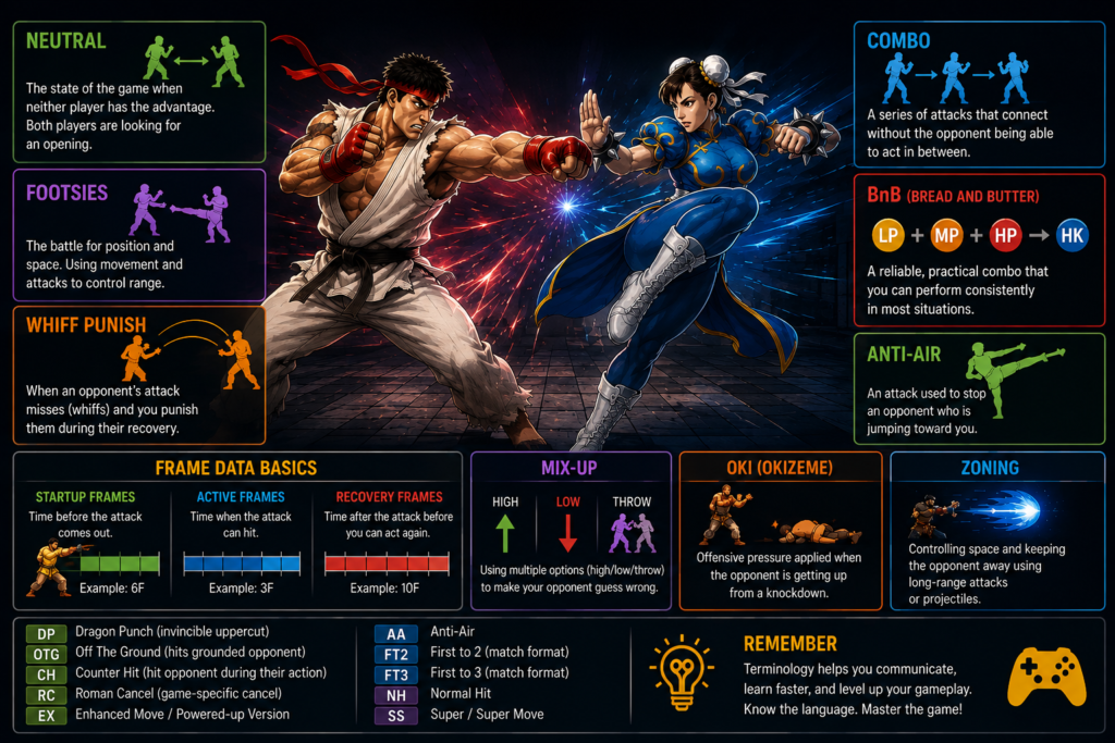 Fighting game terminology guide explaining common fighting game terms, combos, frame data, neutral, and strategy