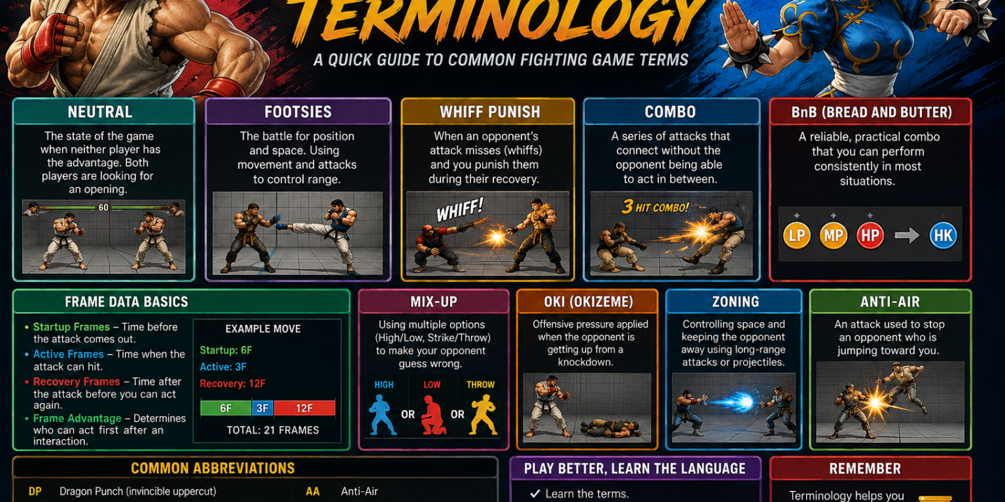Fighting game terminology guide explaining common fighting game terms, combos, frame data, neutral, and strategy