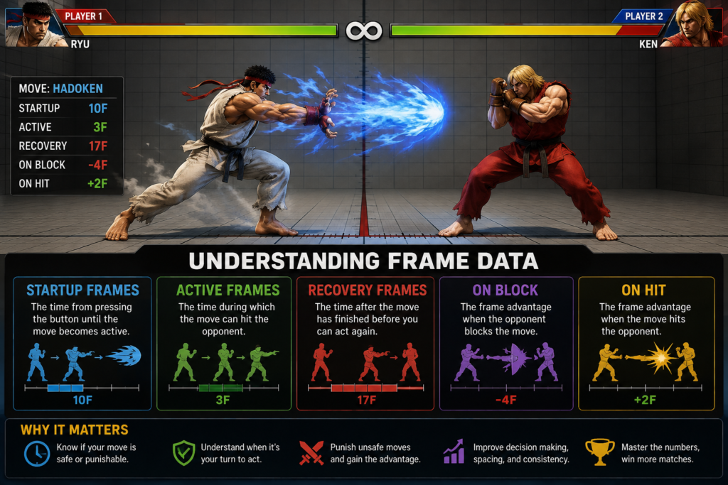 Fighting game terminology guide explaining common fighting game terms, combos, frame data, neutral, and strategy