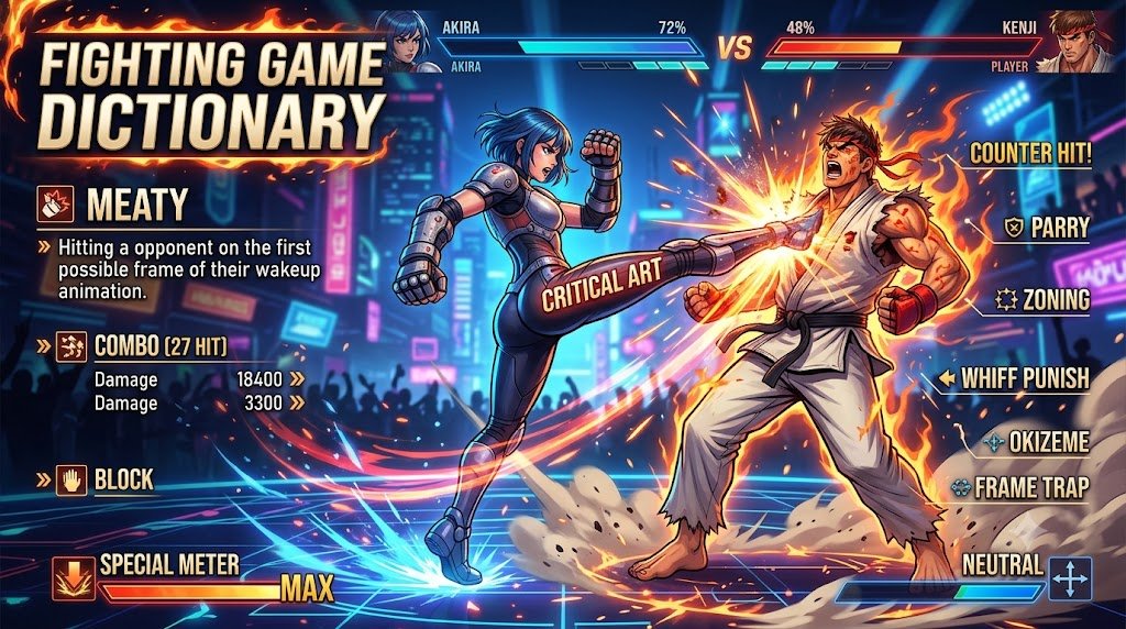 Fighting game dictionary showing common fighting game terms and mechanics