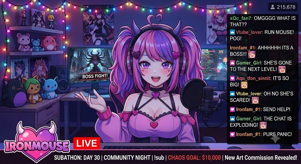 Ironmouse VTuber avatar in her recognizable pink-haired demon queen design