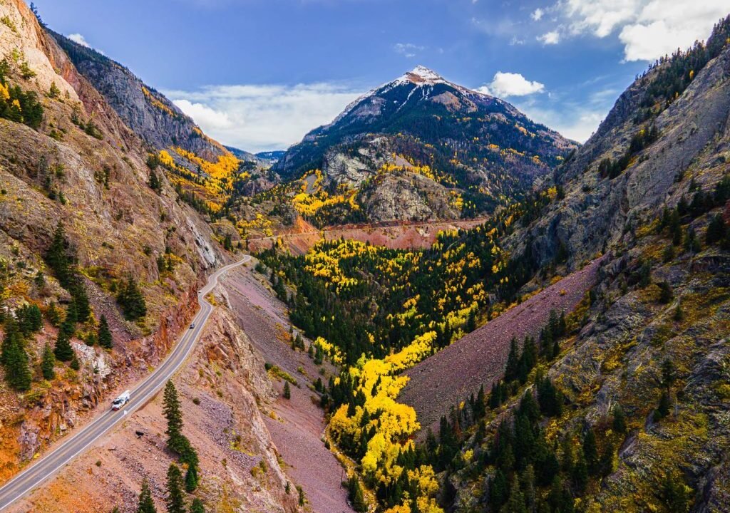 Panoramic view of Colorado's Million Dollar Highway winding through the San Juan Mountains near Red Mountain Pass