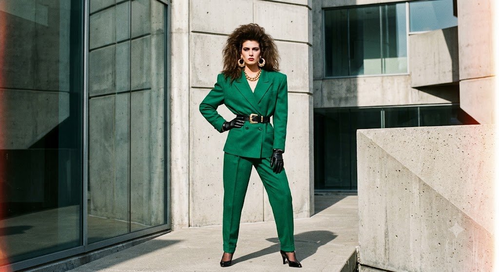 What was 80s fashion with neon clothing, shoulder pads, denim, and bold 1980s accessories