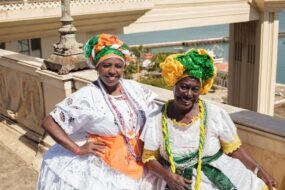 Traditional Brazil clothing featuring a Baiana dress, Gaucho outfit, Festa Junina costumes, and Indigenous ceremonial attire representing Brazil's diverse cultural heritage.