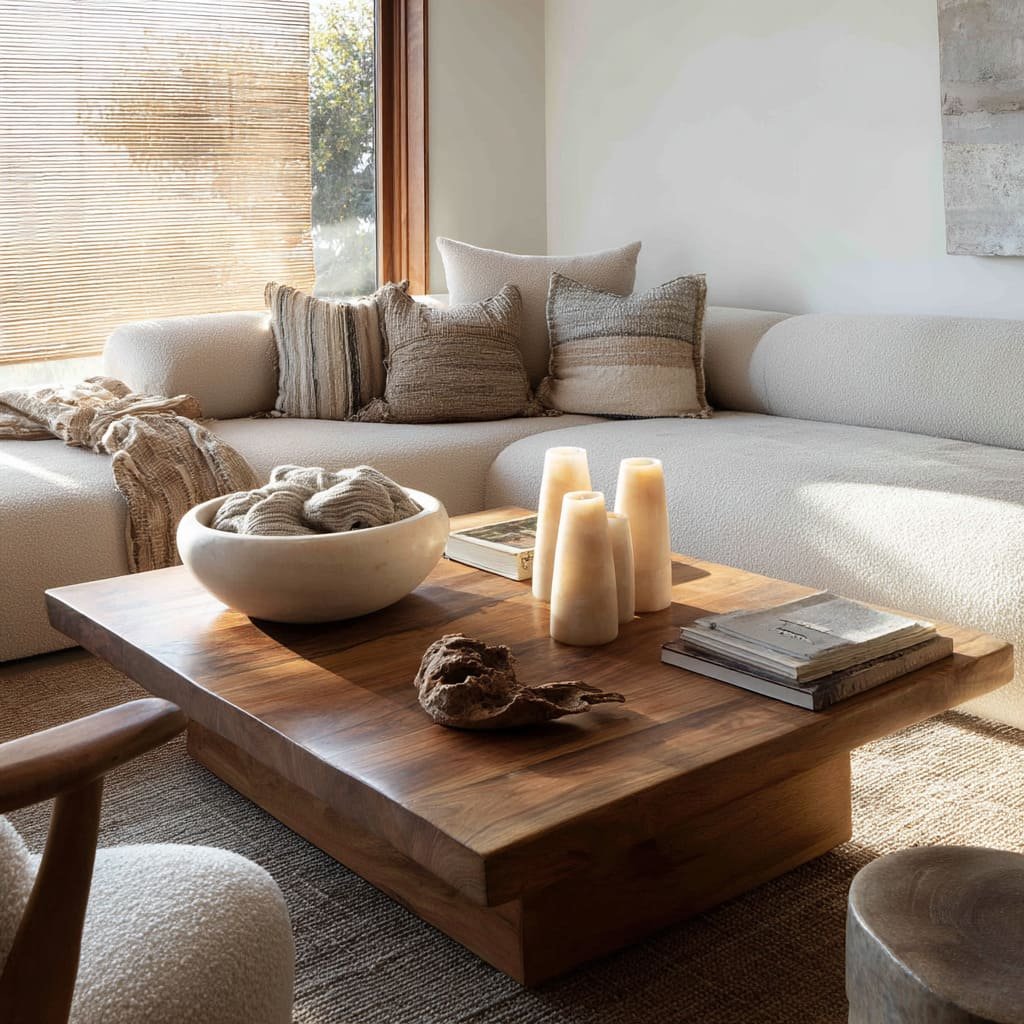 Modern coffee table decor with books, candles, greenery, and a decorative tray in a stylish living room