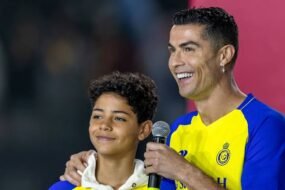 Cristiano Ronaldo Jr playing football during a youth academy match while developing his skills as a young forward.