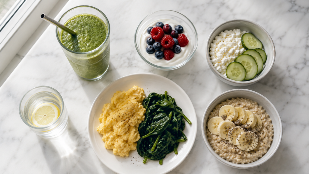 Healthy daily breakfast recipes including overnight oats, avocado toast, Greek yogurt parfait, fruit smoothie bowl, and scrambled eggs on a breakfast table