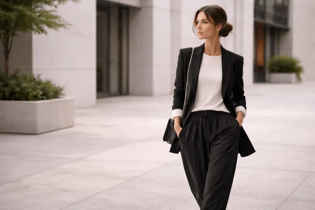 Fashion trends 2026 featuring modern tailoring, wide-leg denim, and statement accessories