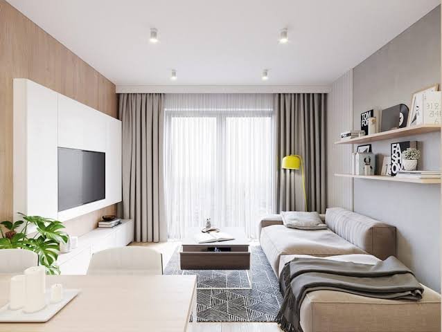 "Modern ideas for small front rooms featuring space-saving furniture, light colors, floating shelves, and natural lighting."