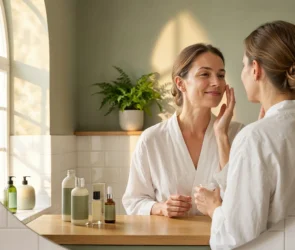 Person applying sunscreen as part of a morning skincare routine for healthy skin.