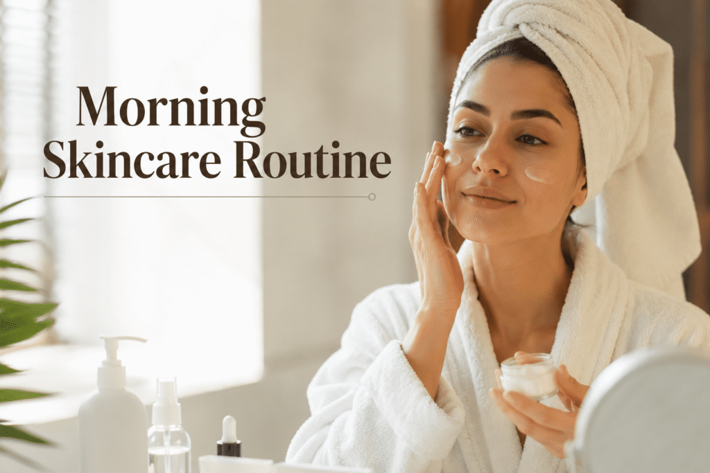Person applying sunscreen as part of a morning skincare routine for healthy skin.
