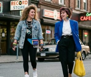 What was 80s fashion with neon clothing, shoulder pads, denim, and bold 1980s accessories