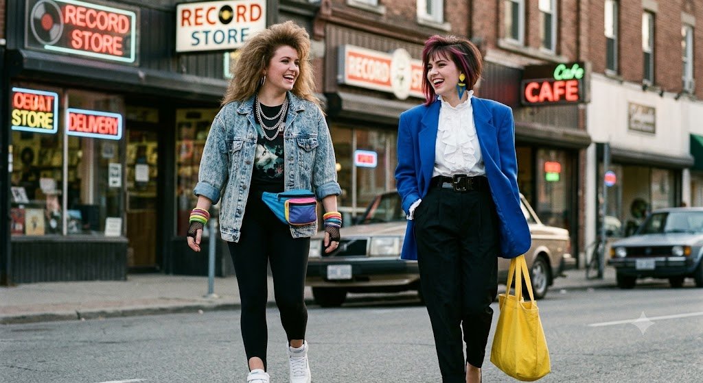What was 80s fashion with neon clothing, shoulder pads, denim, and bold 1980s accessories