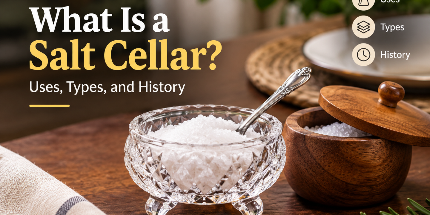 What is a salt cellar on a dining table beside a spoon and salt