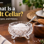 What is a salt cellar on a dining table beside a spoon and salt